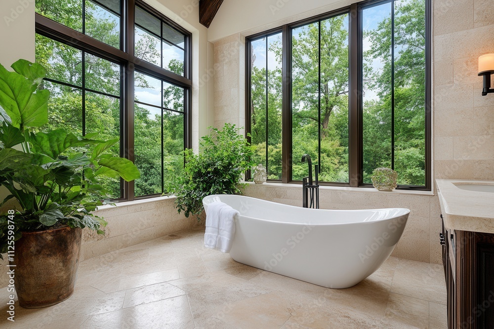 Fototapeta premium Spa-Style Bathroom with Forest View and Natural Tiles