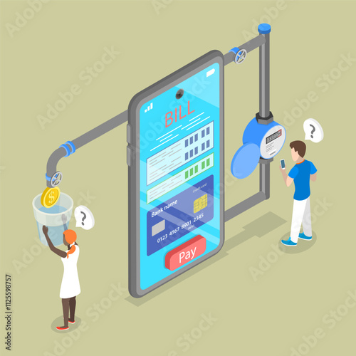 3D Isometric Flat Vector Illustration of Mobile App For Managing Utility Bills, Techonologies for Home