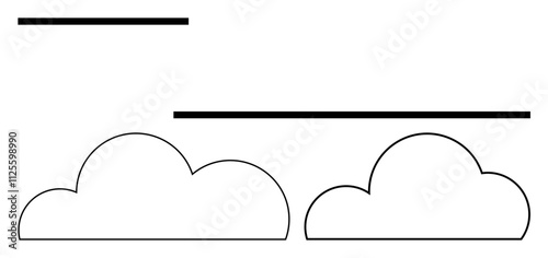 Two outlined clouds under horizontal lines. Ideal for weather forecasts, nature themes, childrens books, design projects, educational materials, minimalistic decor, digital art. Line metaphor