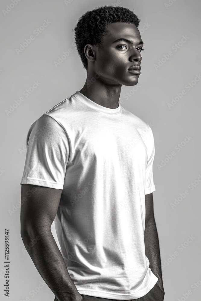 Obraz premium A man stands with his arms relaxed, wearing a white T-shirt and possibly awaiting further instruction