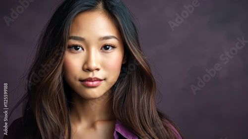 Professional Asian woman in purple blazer exudes confidence in a studio setting.