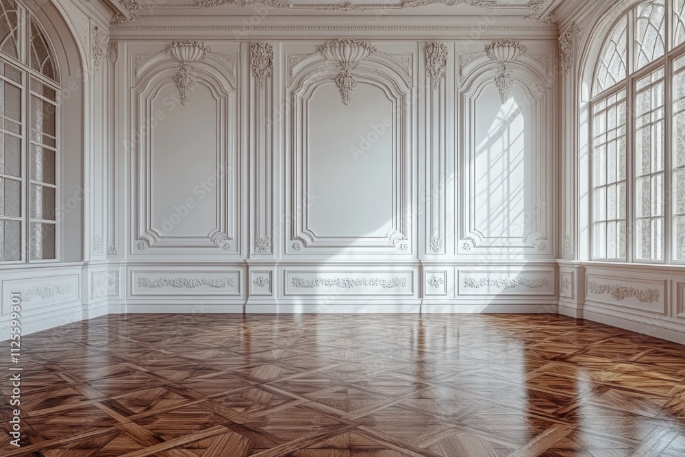 Obraz premium A minimalist interior design space with wooden floorboards and plain white walls