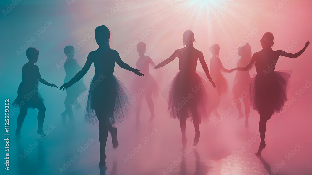 Ballet dancers silhouetted in colorful foggy light Ballet dancers silhouetted in colorful foggy light