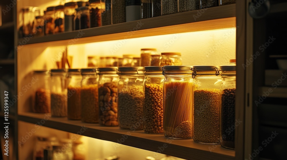 Glass Jars Filled With Various Grains And Pasta On Shelf Glass Jars Filled With Various Grains And Pasta On Shelf