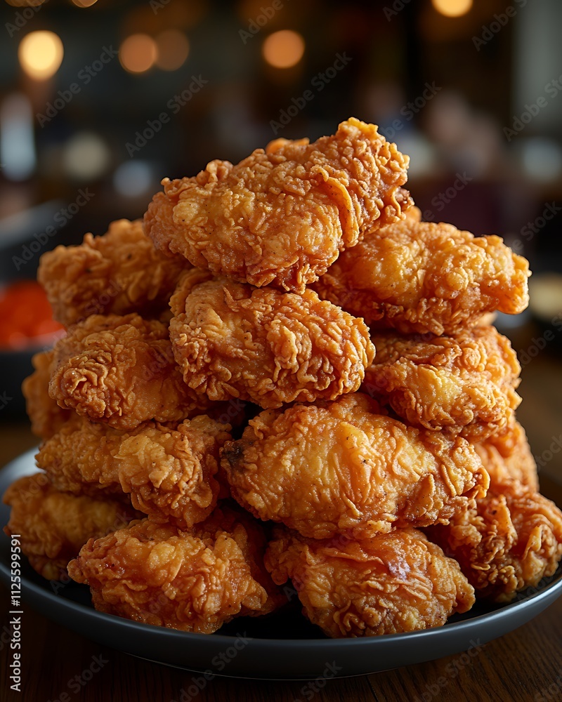 A large stack of crispy fried chicken pieces on a plate. A large stack of crispy fried chicken pieces on a plate.