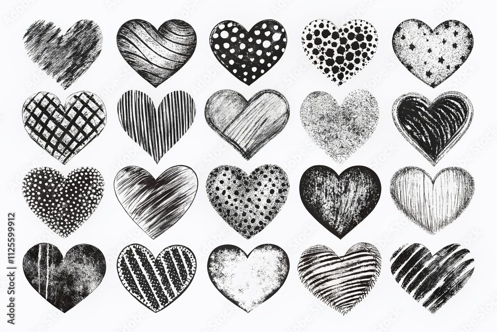 A collection of hand-drawn grunge hearts set against a white backdrop, offering unique black and white design elements for creative love-themed projects and illustrations. A collection of hand-drawn grunge hearts set against a white backdrop, offering unique black and white design elements for creative love-themed projects and illustrations.
