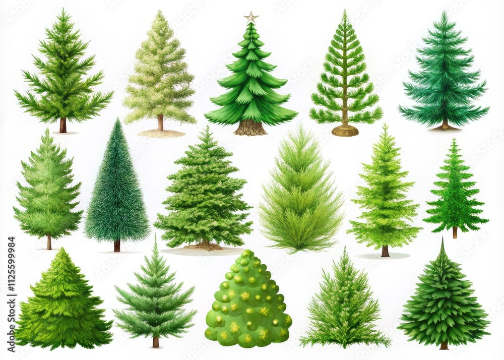 A collection of isolated green Christmas trees on a white backdrop, perfect for enhancing festive designs and decorations with a cheerful holiday spirit. A collection of isolated green Christmas trees on a white backdrop, perfect for enhancing festive designs and decorations with a cheerful holiday spirit.