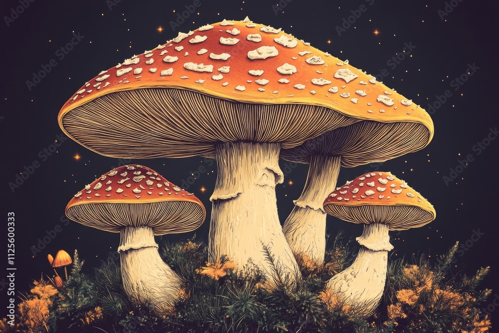 Fototapeta premium Group of mushrooms growing in a lush green field, with vibrant colors and varied shapes