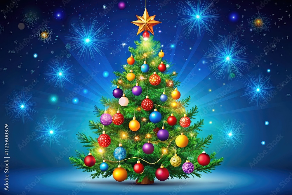 Fototapeta premium A colorful Christmas tree set against a blue backdrop, perfect for festive celebrations, home decor, and seasonal greetings, capturing the spirit of the holidays.