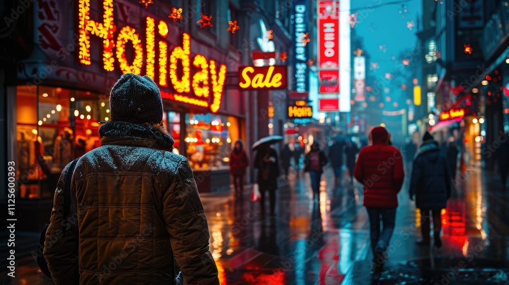 Fototapeta premium Snowy night, city street, holiday sale signs, people walking, winter.