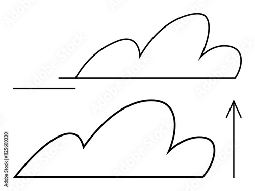 Two cloud shapes with a horizontal line above the first cloud and a single upward arrow next to the second cloud. Ideal for weather, growth, progress, transformation, change, evolution, strategy