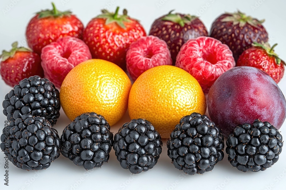 Fresh fruits arranged on a white table, great for food or still life photography Fresh fruits arranged on a white table, great for food or still life photography