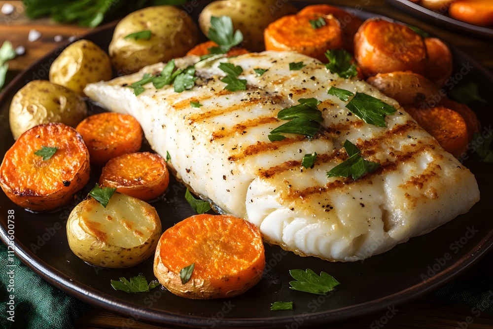 Grilled fish fillet served with roasted potatoes and carrots, garnished with parsley. Grilled fish fillet served with roasted potatoes and carrots, garnished with parsley.
