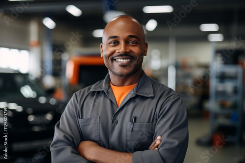 Portrait of a middle aged African American car mechanic in workshop