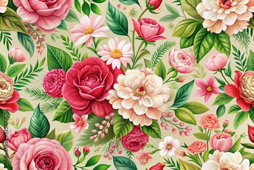 Wallpaper Mural A delightful floral pattern background featuring elegant flowers and leaves, perfect for romantic decor, card designs, and creating a warm, loving atmosphere for Valentine's Day. Torontodigital.ca