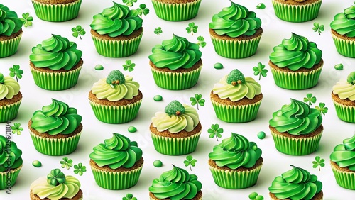 A delightful seamless pattern featuring green muffins, perfect for St. Patrick's Day celebrations, festive desserts, holiday treats, and adding fun to your Irish-themed designs.