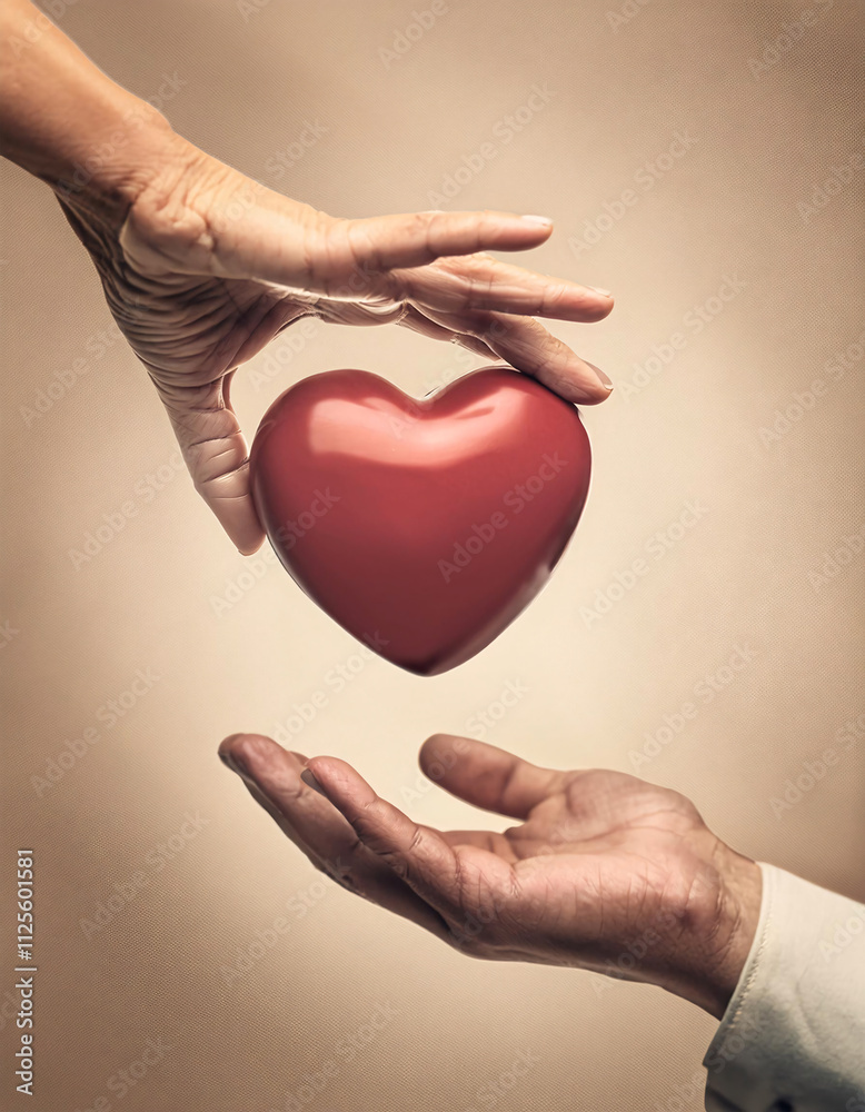 Fototapeta premium A pair of hands gently holds a red heart-shaped object, symbolizing care and compassion, with a soft beige background Generative AI