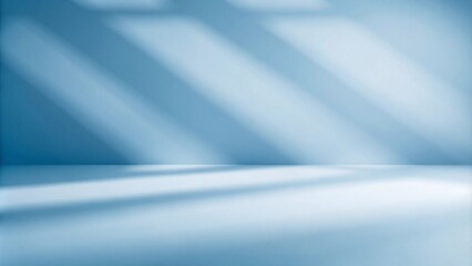 Panoramic abstract blue background for product presentation with sunlight and blurred shadows wall. Winter background.
