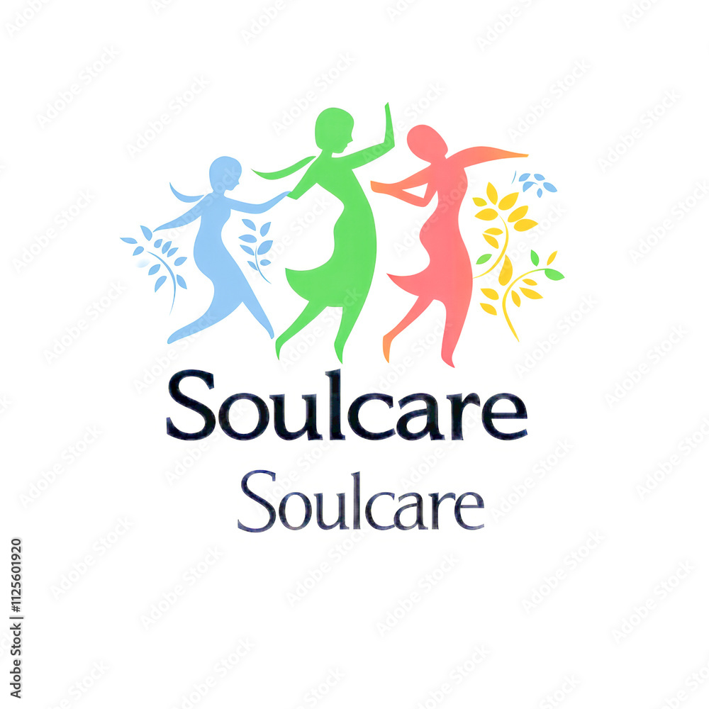 Fototapeta premium Soulcare logo with colorful dancing figures and leaf motifs