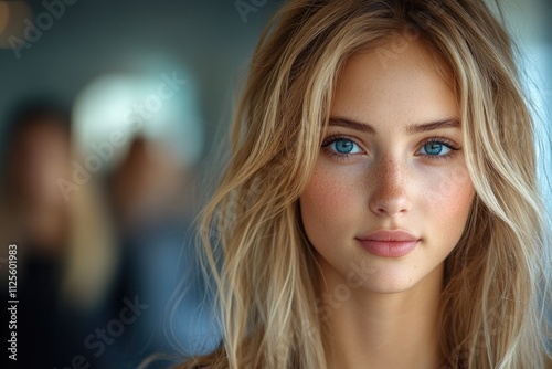 A portrait of a young woman with long blonde hair and blue eyes, looking directly at the camera