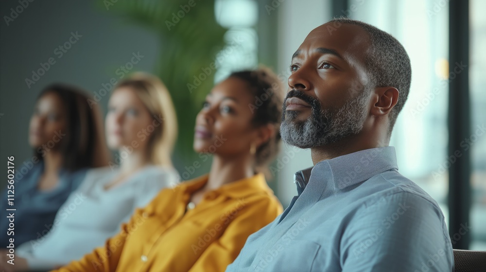 Man with a beard and gray hair sits in a chair with three other people Man with a beard and gray hair sits in a chair with three other people