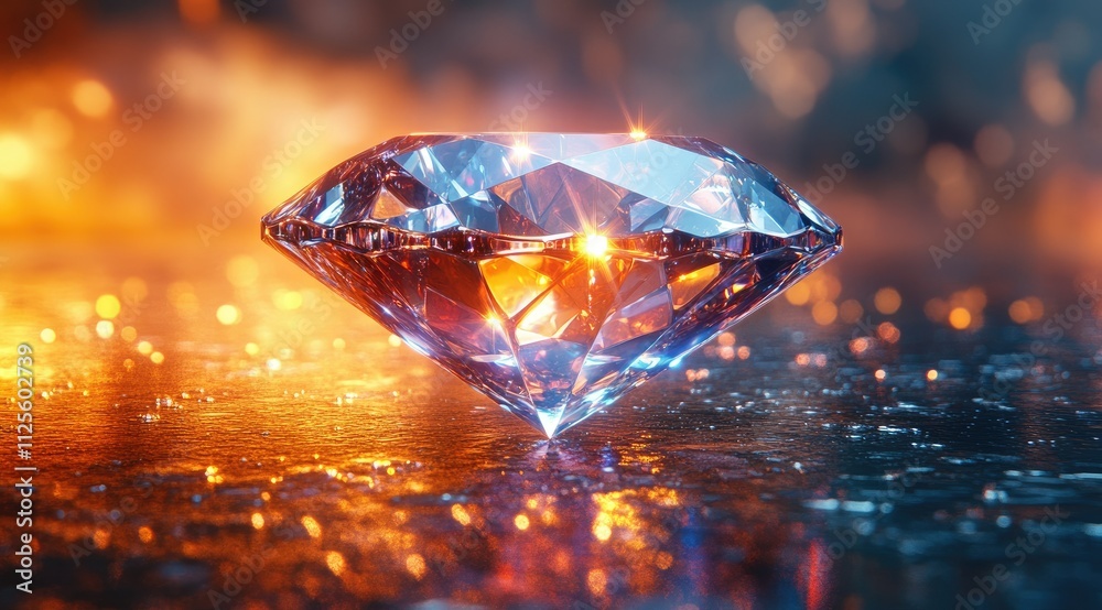 Sparkling diamond on dark reflective surface with warm light.