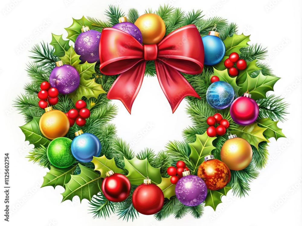 A festive Christmas wreath adorned with holly, baubles, and a bright bow, perfect for holiday decor and seasonal celebrations, captured in stunning macro photography. A festive Christmas wreath adorned with holly, baubles, and a bright bow, perfect for holiday decor and seasonal celebrations, captured in stunning macro photography.