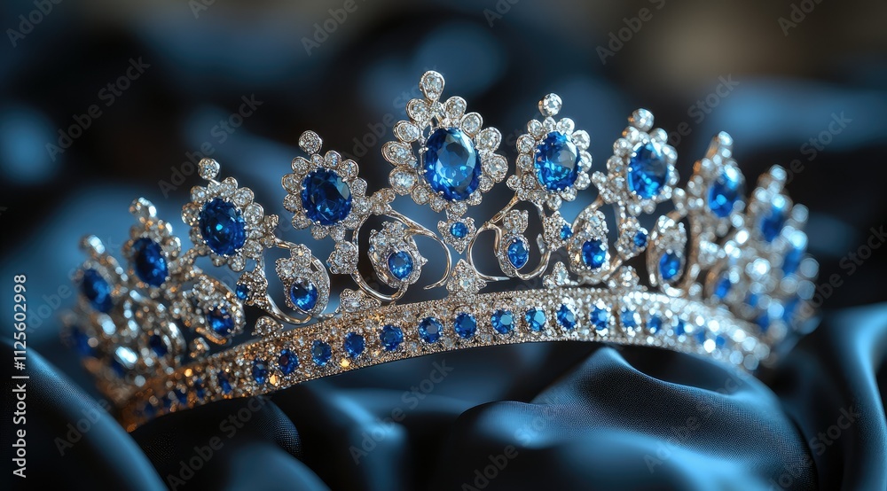 Sparkling sapphire and diamond tiara on dark silk. Sparkling sapphire and diamond tiara on dark silk.