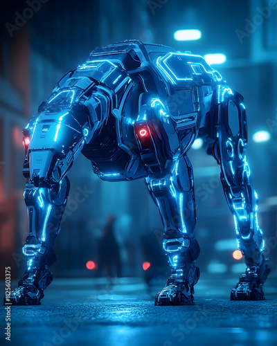 Futuristic robotic dog, glowing blue neon lights, city night background.  Cyberpunk style, artificial intelligence. photo