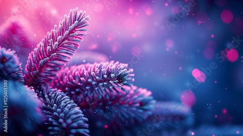 Snowy fir branches in pink and blue neon lighting Christmas and New Year background with copy space photo