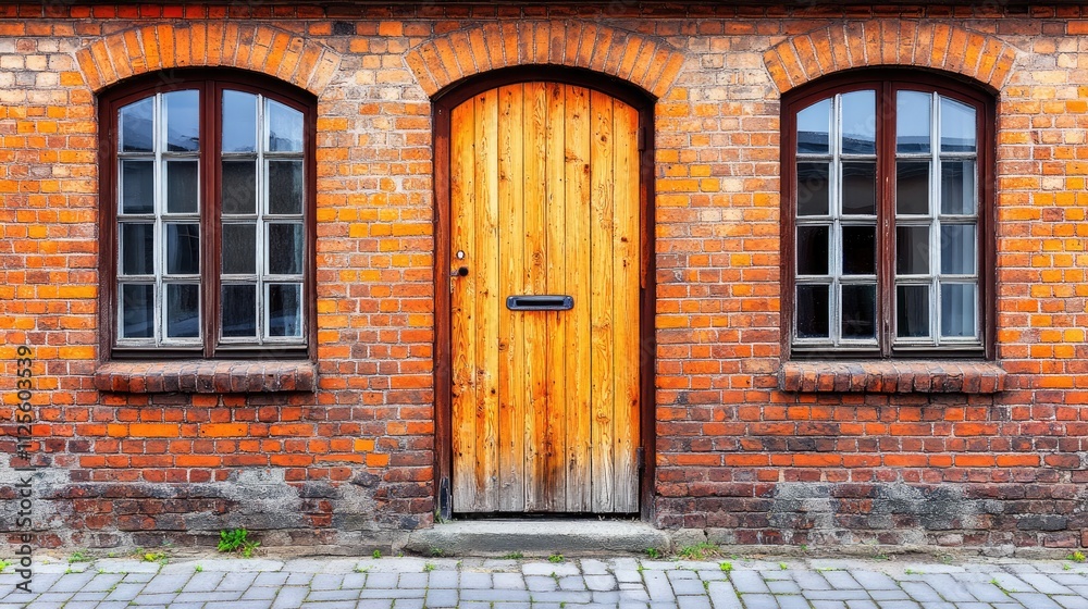 Rustic Brick Wall with Wooden Door and Windows in Urban Setting Rustic Brick Wall with Wooden Door and Windows in Urban Setting