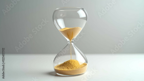 A transparent hourglass with golden sand flowing smoothly, placed on a plain white surface, symbolizing the passage of time with a minimalist and elegant design.

