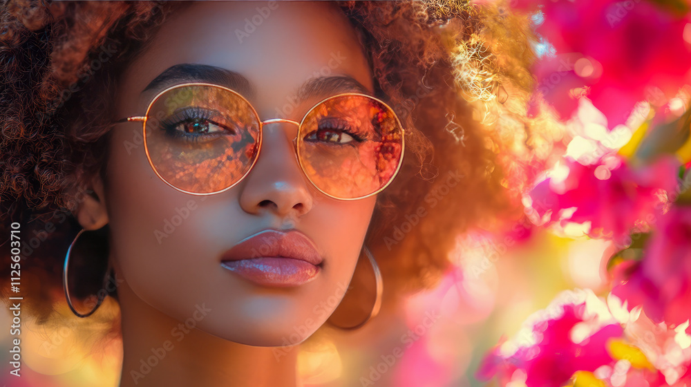 African female adult with sunglasses surrounded by vibrant pink flowers African female adult with sunglasses surrounded by vibrant pink flowers