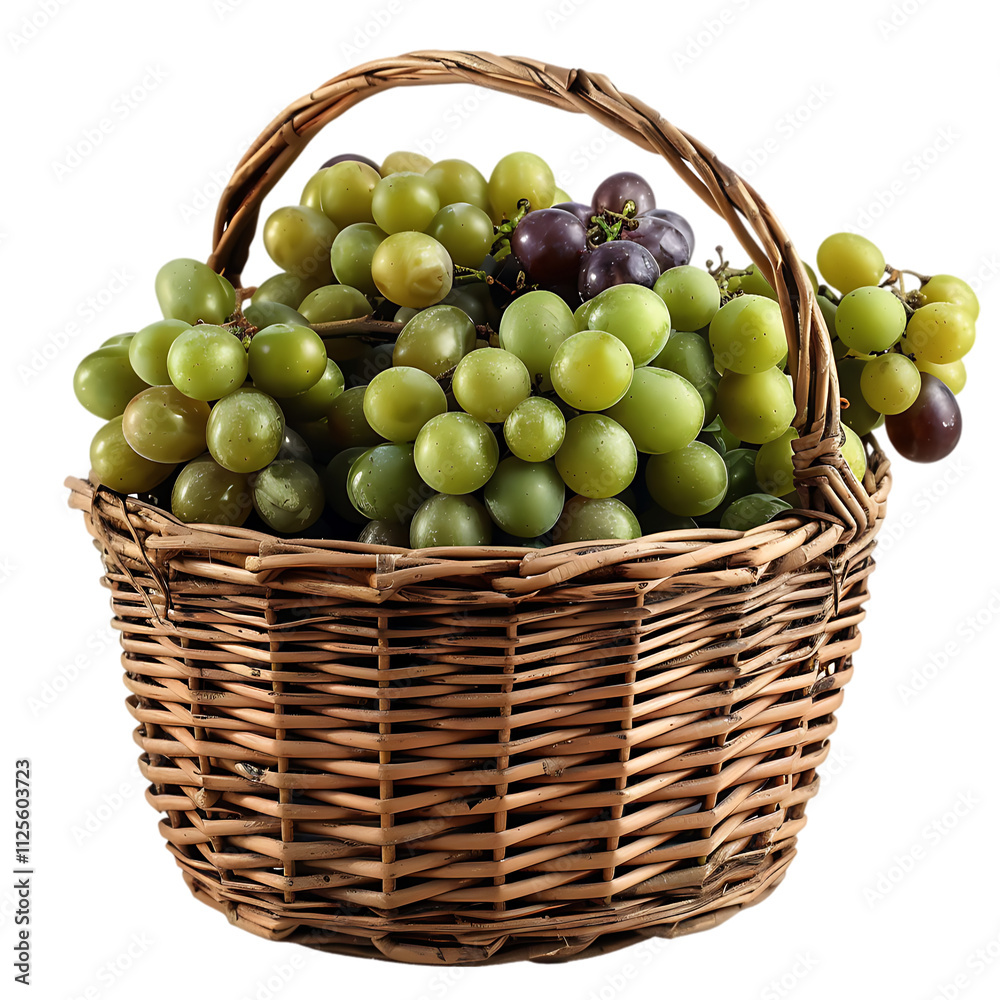 Wicker Basket of Green Grapes isolated on transparent background Wicker Basket of Green Grapes isolated on transparent background