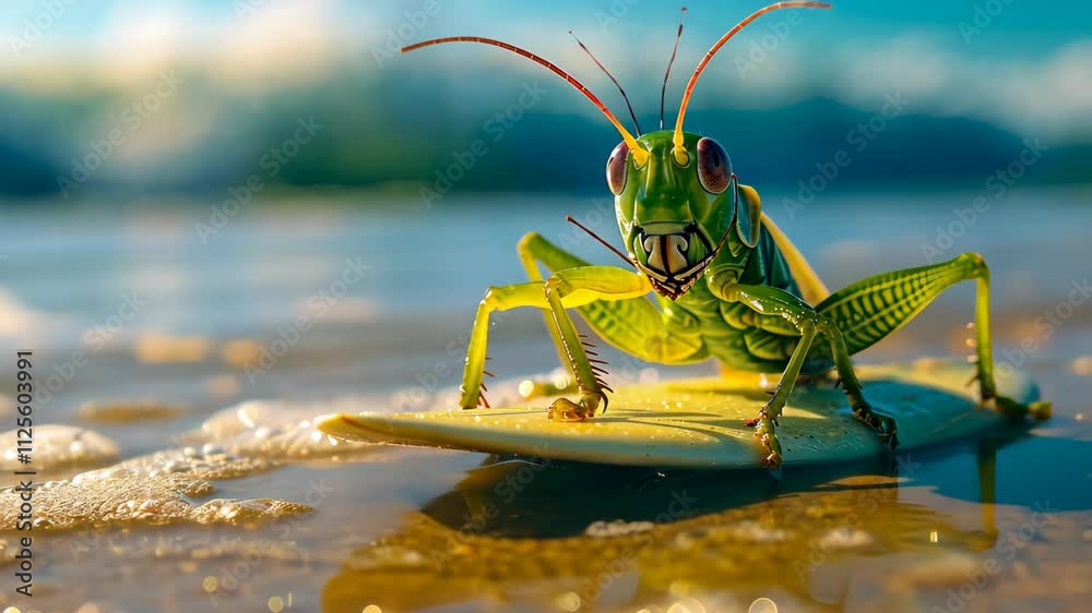 A cute grasshopper surfer enjoys a fun-filled summer day at the beach, riding waves with enthusiasm, Ai Generated.