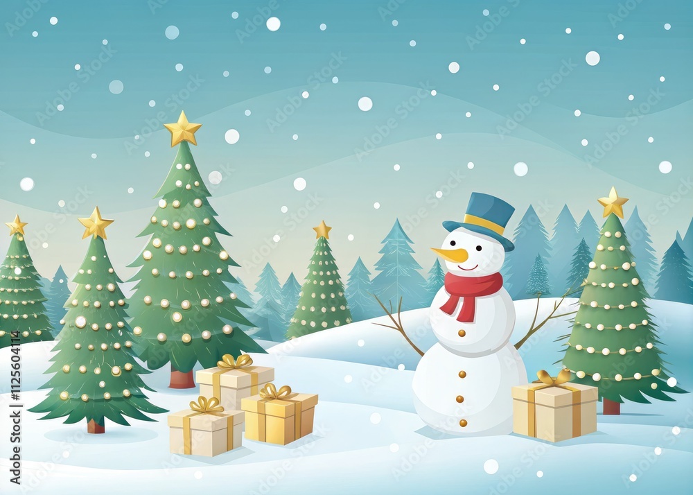 A minimalist Christmas design featuring a snowy landscape, a cheerful snowman, beautifully wrapped gifts, and elegant gold-and-white decorated Christmas trees, creating a festive atmosphere.