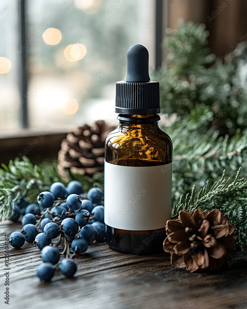 A dark amber glass bottle of essential oil with a blank white label, blue berries and pine cones on the table next to it, sun rays shining through the window in the background, a rustic theme A dark amber glass bottle of essential oil with a blank white label, blue berries and pine cones on the table next to it, sun rays shining through the window in the background, a rustic theme