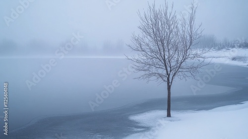 A solitary tree stands amidst snowy surroundings, near a frozen lake