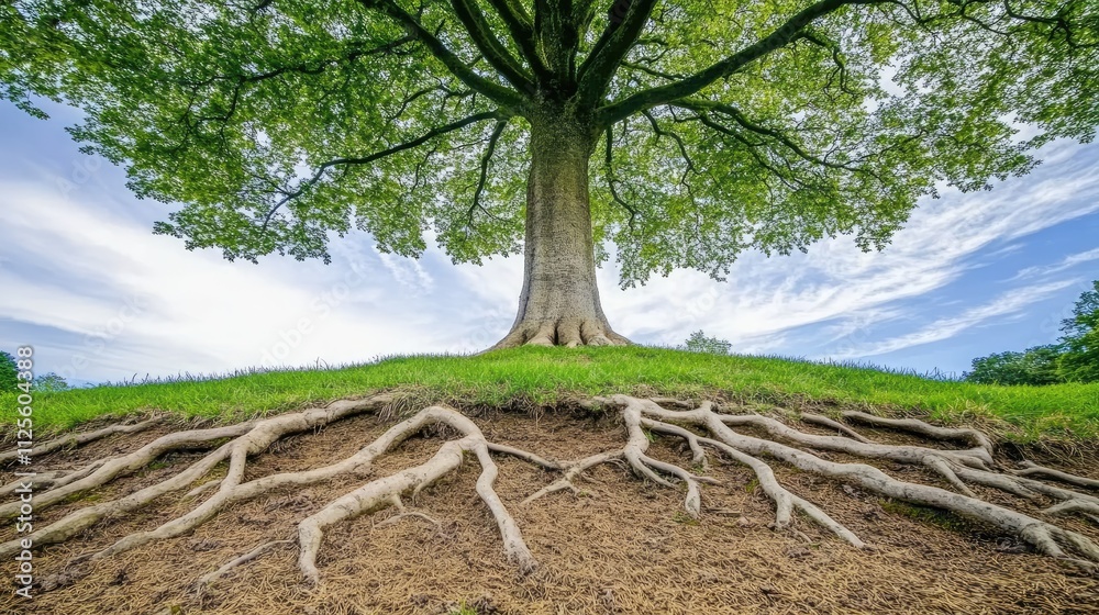 Fototapeta premium Majestic Tree with Exposed Roots and Lush Green Landscape