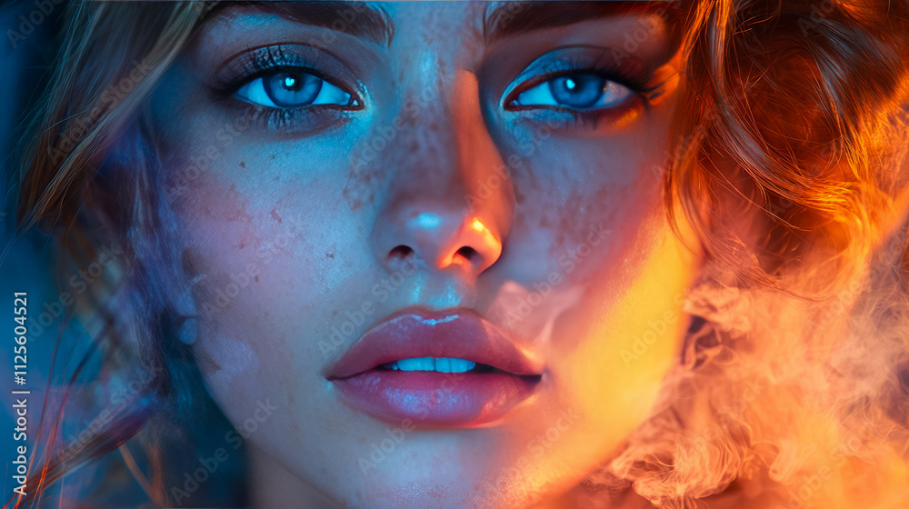 Enigmatic caucasian female with freckles amidst ethereal colorful lighting Enigmatic caucasian female with freckles amidst ethereal colorful lighting