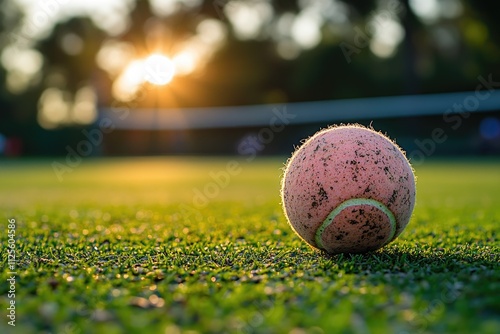 A lone tennis ball sits atop a lush, green field, awaiting its next serve photo