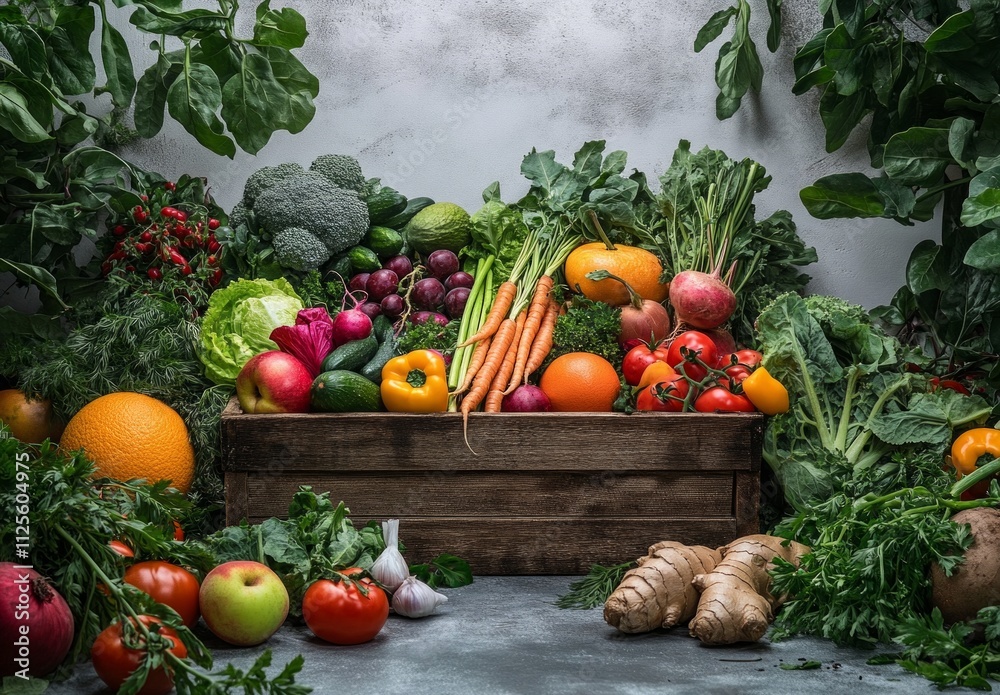 Fresh organic vegetables and fruits in rustic wooden crate with lush greenery.