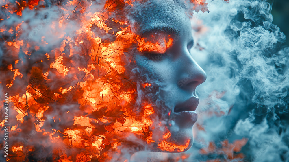 Surreal female face in fiery leaves and smoke
