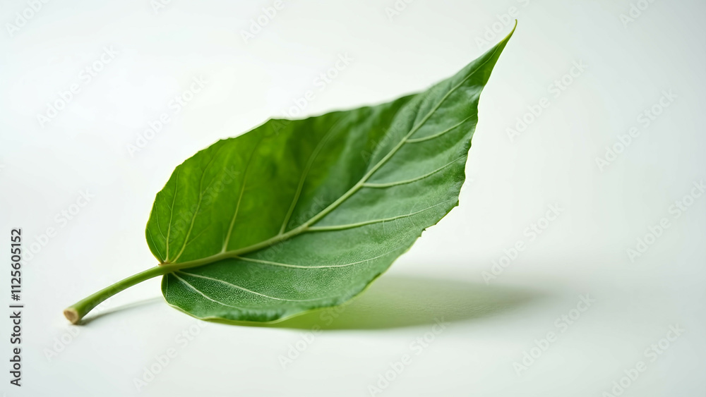 Obraz premium A single vibrant green leaf with fine veins and a smooth texture, placed on a clean white background, emphasizing its natural beauty and simplicity.