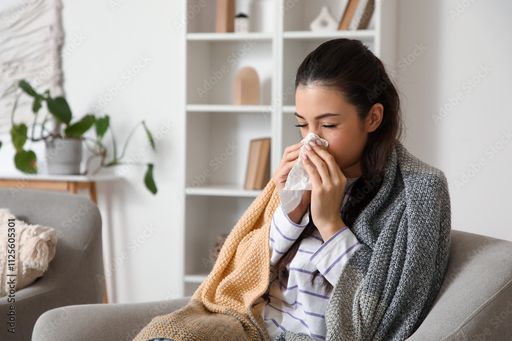 Ill young woman with tissue sneezing in armchair at home Ill young woman with tissue sneezing in armchair at home