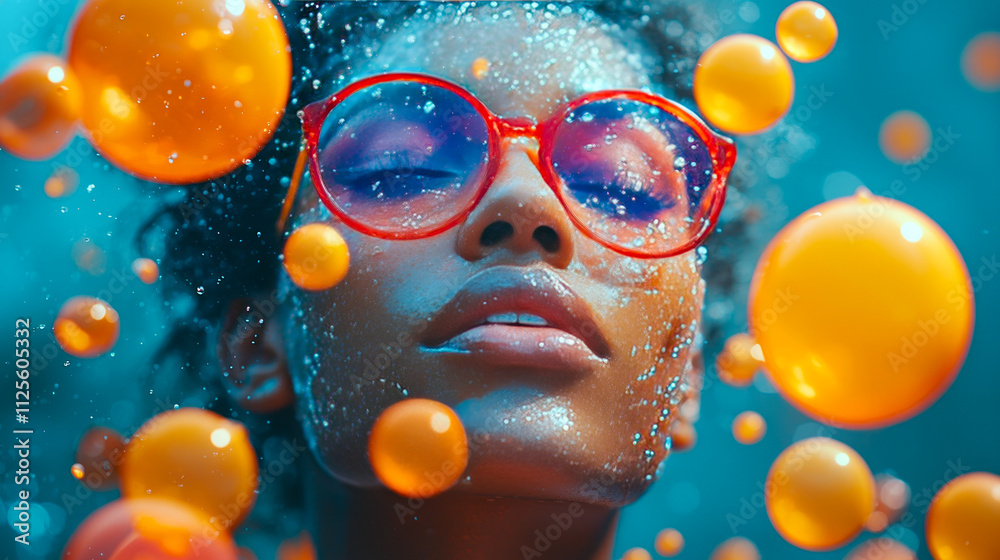 African female with red glasses amidst floating orange bubbles in artistic scene African female with red glasses amidst floating orange bubbles in artistic scene