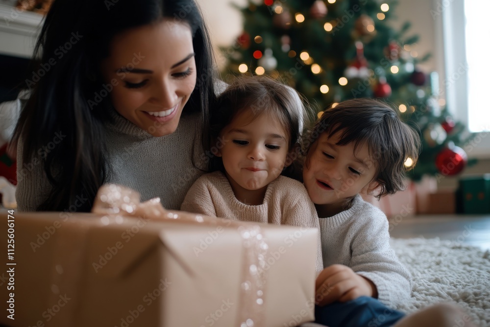 A smiling mother sits with her two children, sharing the excitement of Christmas as they open a beautifully wrapped present under the festive tree. The joy is palpable. A smiling mother sits with her two children, sharing the excitement of Christmas as they open a beautifully wrapped present under the festive tree. The joy is palpable.