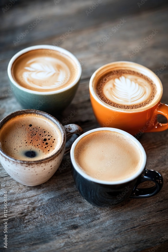 Three cups of coffee on a wooden table
