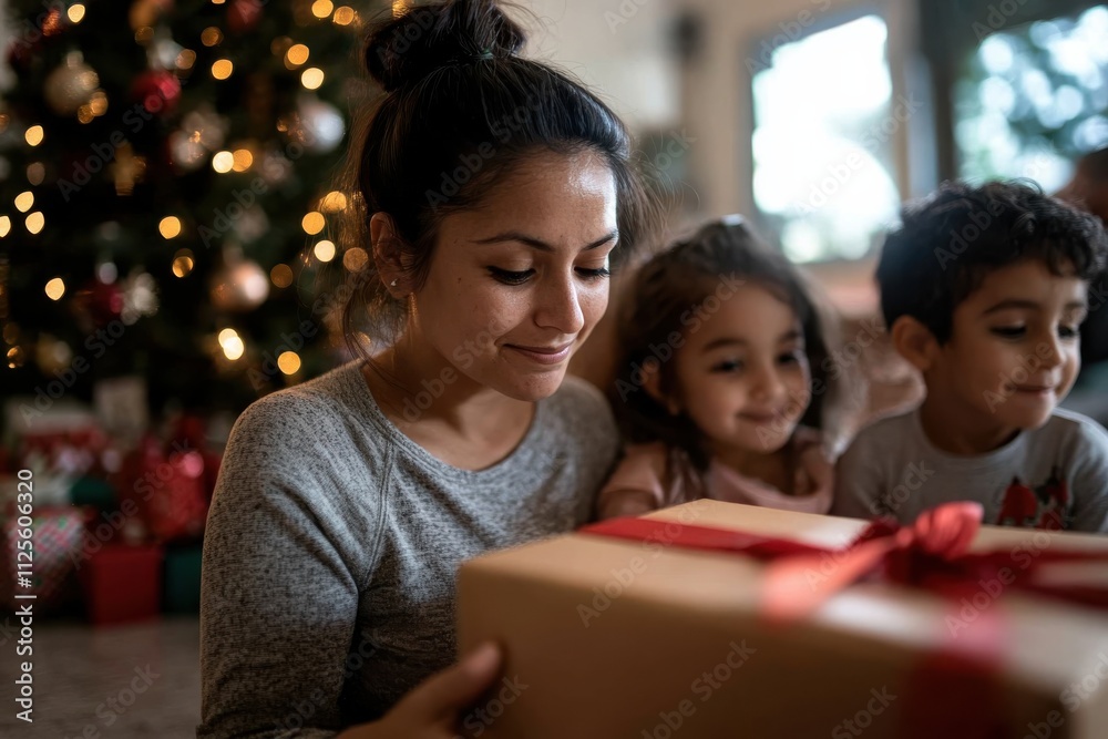In a cozy atmosphere, a mother enjoys unwrapping a present with her two children, embodying the love and joy of the festive season surrounded by holiday decorations. In a cozy atmosphere, a mother enjoys unwrapping a present with her two children, embodying the love and joy of the festive season surrounded by holiday decorations.