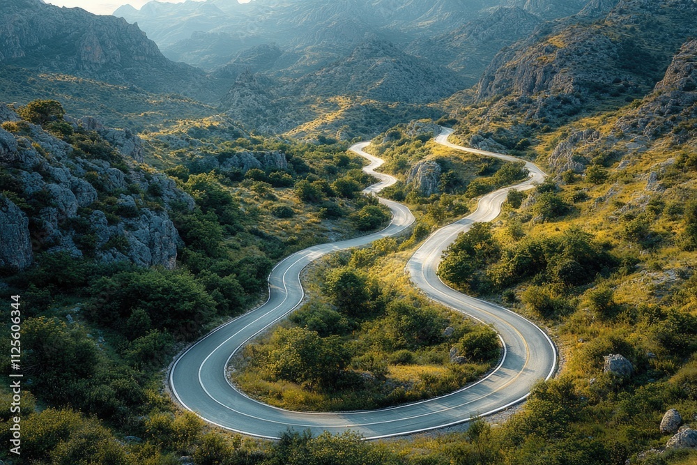 A winding road surrounded by mountains and trees A winding road surrounded by mountains and trees